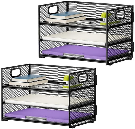 Marbrasse 3 Tier Paper Organizer Letter Tray, Mesh File Organizer with Handle, Paper Sorter Desk Organizer for Home Office Supplies - 2p