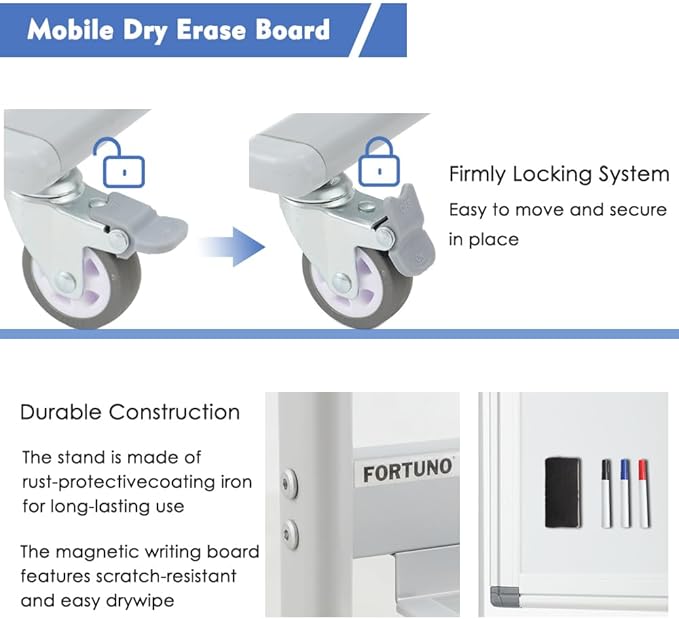 FORTUNO Large Magnetic Mobile Whiteboard 72"x48", Rolling Double Sided Stand Whiteboard on Wheels, Reversible Adjustable Height/Angle Dry Erase Board 6' x 4' Easel White Board for Office Classroom