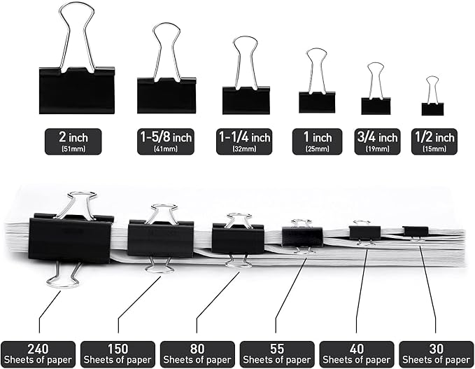 Extra Large Binder Clips, 12 Pack, 2.4 Inch, Standard 60mm, Black, Jumbo Paper Clips, Fold Clamp, Office and School Supplies, with Storage Container