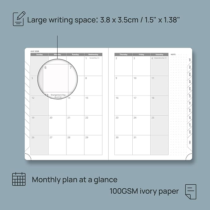 POPRUN Weekly Planner 2026 (Medium 6.5" x 8.5") Calendar 12 Months Notebook with Horizontal Layout, Leather Soft Cover, Monthly Tabs, Inner Pocket, 100GSM Thick Paper, Pen Holder - Black