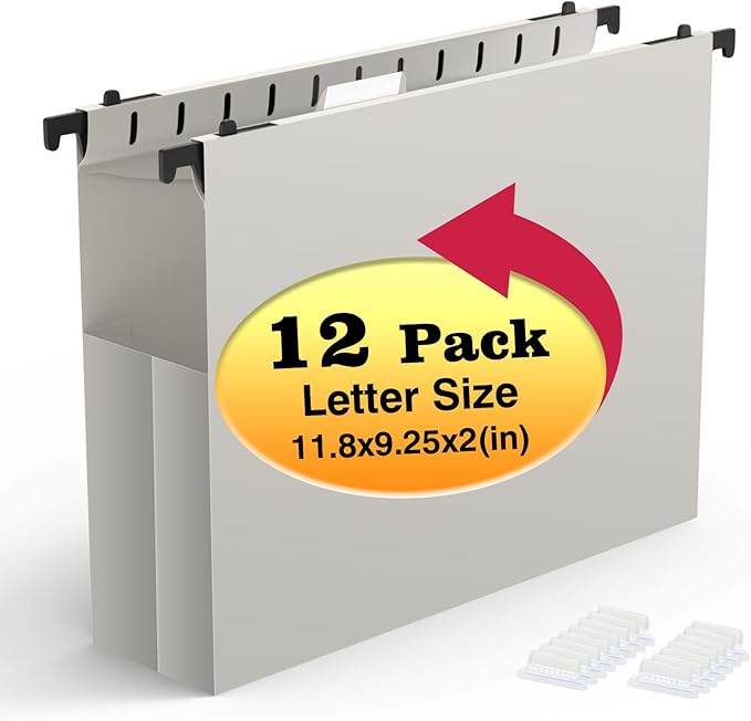 Extra Capacity Plastic Hanging File Folders,12 Pack Reinforced Expanding Hang Folder Letter Size,Accordian Pocket,Heavy Duty 2 Inch Expansion, Hard Hanging Folder Organizer for Office Home,Grey
