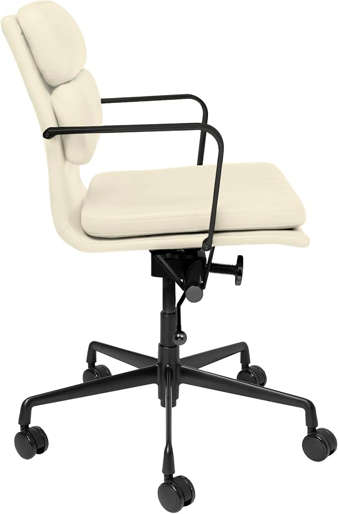 Laura Davidson Furniture SOHO II Padded Management Office Chair - Mid Back Desk Chair with Arm Rest, Swivel & Cushion Availability, Made of Faux Leather, Sand with Black Frame, Computer Chair