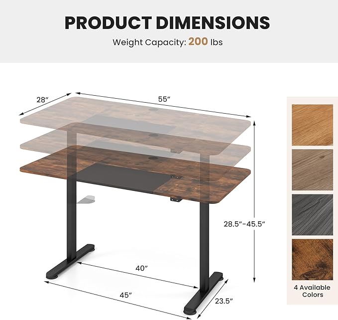 GOFLAME Height Adjustable Electric Standing Desk, 55 x 28 Inch Sit Stand Up Electric Desk with Metal Frame, Ergonomic Standing Workstation for Study, Office, Living Room, Brown