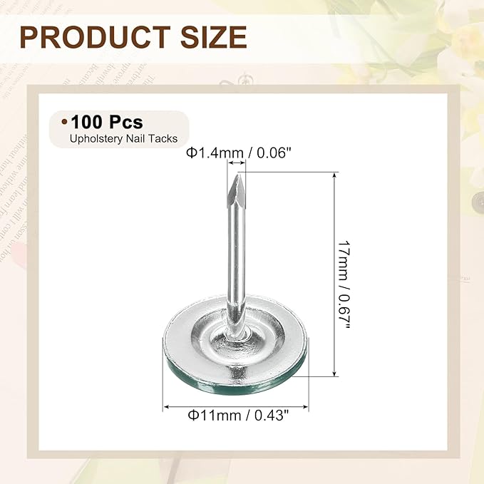 uxcell 100Pcs Upholstery Tacks, 11mmx17mm Flat Head Thumb Tack Decorative Furniture Nails Push Pins for Furniture Sofa Headboards, Green