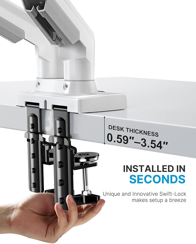 HUANUO Dual Monitor Stand - Full Adjustable Monitor Desk Mount Swivel Vesa Bracket with C Clamp, Grommet Mounting Base for 13 to 32 Inch Computer Screens - Each Arm Holds 4.4 to 19.8lbs - White