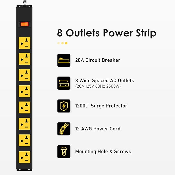 20Amp Power Strip Surge Protector, Durable Metal 8-Outlets with Heavy Duty 20 amp 15Ft 12 Gauge Extension Cord for Garage Workshop & Industrial Use, 1200J