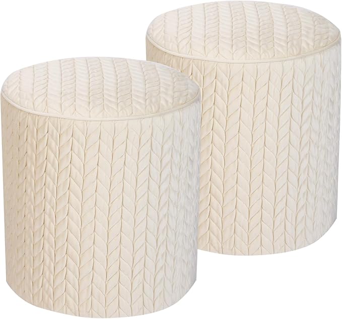 Modern Round Ottoman 2Pcs, Braided-Tufted Foot Stool Ottoman, Velvet Upholstered Vanity Stool for Makeup, Bedroom, Living Room, White