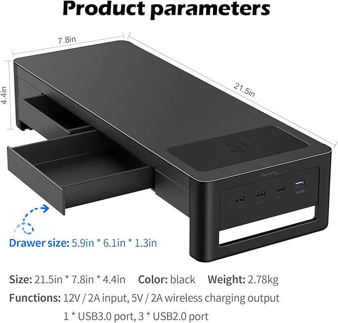 meatanty 3 In 1 Monitor Stand Riser with 2 Drawers,1 Wireless Charging Module and 4 USB Ports,Metal Computer Stand Support Transfer Data & Charging,Desk Organizer for PC,iMac (21 inches)