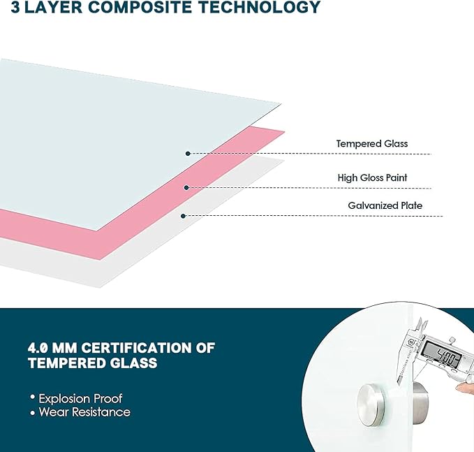 J&J worldwide Magnetic Glass Whiteboard, Wall Mounted Glass Dry Erase Board 47 x 35 Inch, Pink Surface, Frameless with Markers, Magnets, Marker Tray, Eraser for Office, Home, School