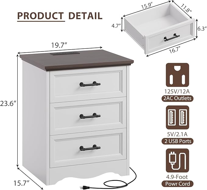 White Nightstand with Charging Station, 19.7" Farmhouse End Table with 3 Drawers Storage, Bedside Table with Brushed Metal Handles, Unique Base Design, 3 Drawer Dresser for Bedroom, Living Room