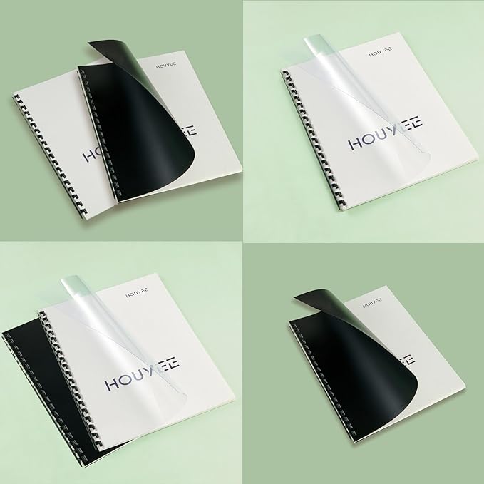 HOUYEE 100 Pack Binding Covers Set, 8.5x11 Inches, Including 50 Pcs 8 Mil Clear Binding Covers, 50 Pcs 12 Mil Black Sand Plastic