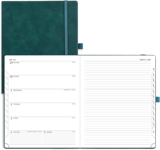 POPRUN Weekly Planner 2026 (Large 8.5" x 10.5") Calendar 12 Months Notebook with Horizontal Layout, Leather Soft Cover, Monthly Tabs, Inner Pocket, 100GSM Thick Paper, Pen Holder - Petrol Green