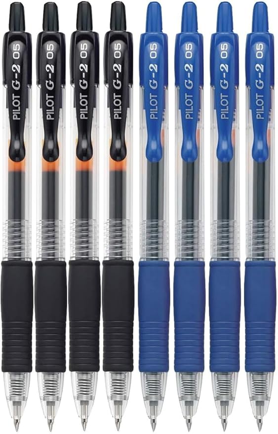 G2 Retractable Premium Gel Ink Roller Ball Pens Extra Fine Point (.5mm) Black/Blue Ink 8 pack; Refillable & Premium Comfort Grip Bundle with Plastic Reusable Pouch