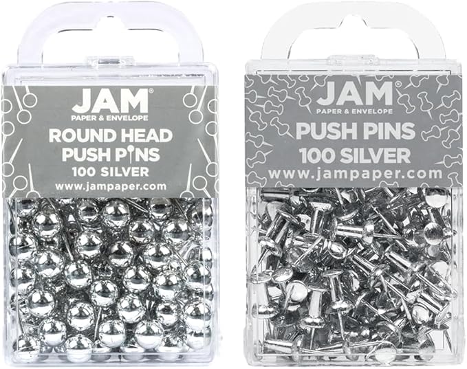 JAM PAPER Colorful Push Pins - Flat & Round Head Thumb Tack Combo Set - Silver Pushpins - 200/Pack