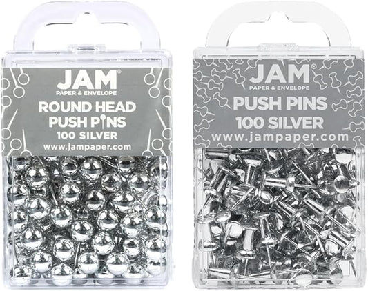JAM PAPER Colorful Push Pins - Flat & Round Head Thumb Tack Combo Set - Silver Pushpins - 200/Pack
