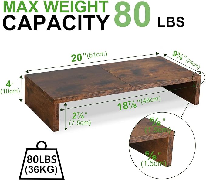 TEAMIX 2 Pack Monitor Stand Riser-20 inch, Wooden Tabletop Shelf for TV/PC/Laptop/Printer, Rustic Brown Monitor Riser with Storage, Computer Stand Ergonomic Design