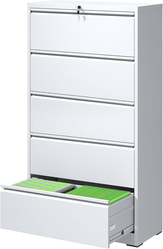 File Cabinets 5 Drawer,Metal Office Storage Filing Cabinet with Lock,White Lateral Filing Cabinet for Home Office,Horizontal Locking File Cabinets for Legal/Letter/A4,Assembly Require,White