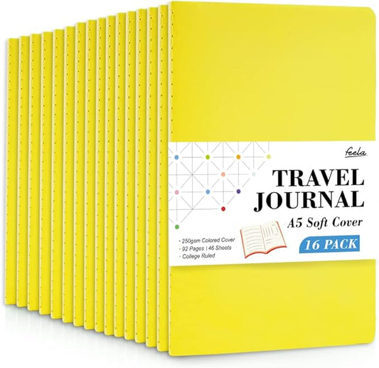 16 Pack Soft Cover Journal Bulk, Feela Lined Notebooks College Ruled for Work for Women Girl Writing, Blank Travel Journal Note Taking Notebook School Business Supplies, 8.2” x 5.5”, A5, Lemon Yellow