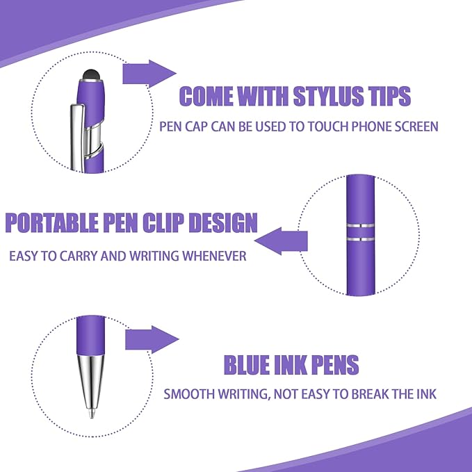 24 Pcs Blue Ink Ballpoint Pen with Stylus Tip 2 in 1 Ballpoint Pen 1.0 mm Blue Ink Metal Stylus Pen for Touch Screens Coworkers, Family, Colleagues, Office (Purple)