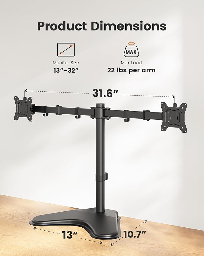 ErGear Freestanding Dual Monitor Stand for 2 Screens up to 32 inch, Heavy Duty Monitor Mount Holds Max 22 lbs per Arm, Height Adjustable Computer Monitor Stand for Desk, VESA 75x75/ 100x100mm, Black