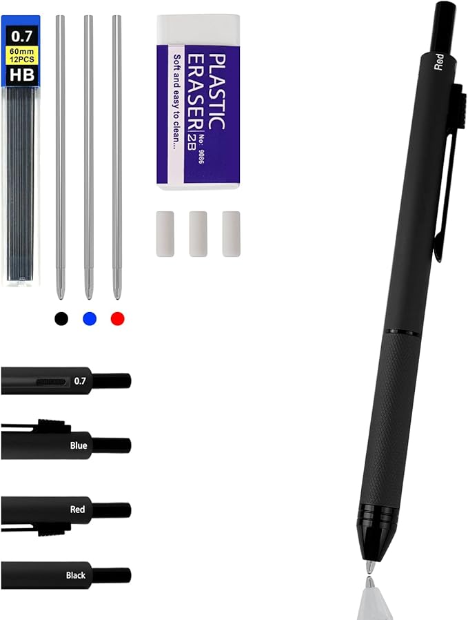 4-in-1 Four-Color Multifunctional Pen, Black/Red/Blue Ballpoint Pen and 0.7mm Mechanical Pencil, Metal Case Pen, Great Gift for Friends, Loved Ones (Black)