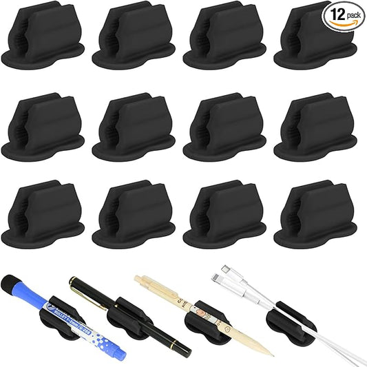 Adhesive Pen Pencil Holder for Desk Wall, 12PCS Marker Holder for Whiteboard Silicone Pen Holder for Clipboard Office Essentials Teacher Supplies (12PCS Black)