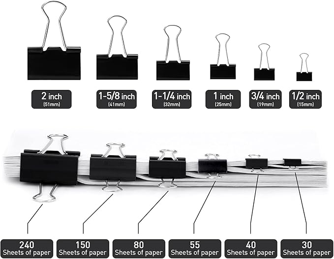 Medium Binder Clips, 72 Pack, 1 Inch, Standard 25mm, Black, Small Fold Clamp, Capacity 0.47 Inch, Metal Paper Clips, Office Clips, School & Home Use