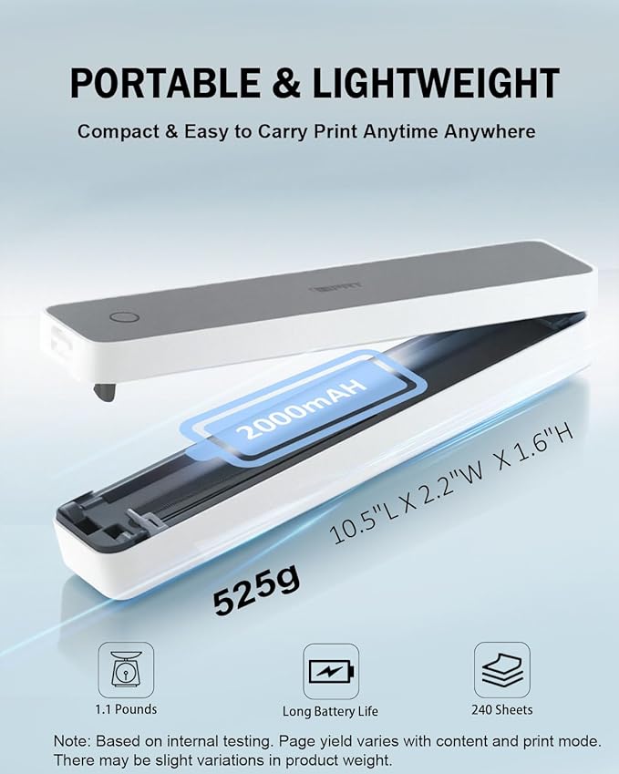 iDPRT Inkless Portable Printer for Travel, 300DPI Wireless Thermal Printer Support 8.5 x 11 Inch US Letter, A4, Small Bluetooth Printers Compatible with iOS, Android Laptop for Office Car Home, Grey