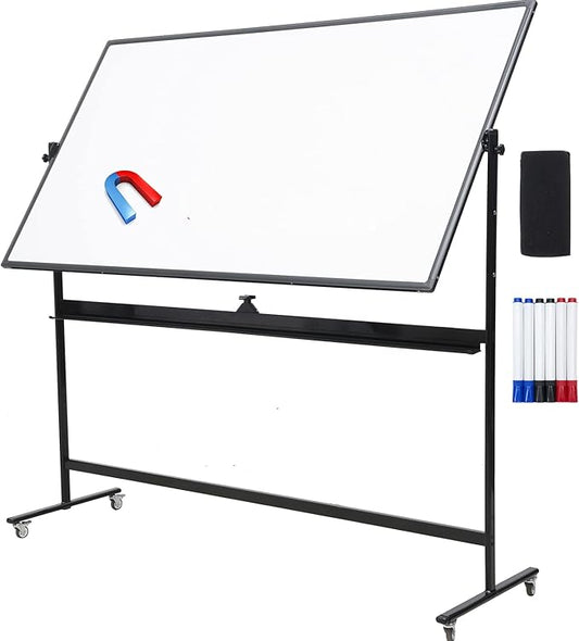 72" x 40" Height-Adjustable Mobile Whiteboard | Double-Sided Magnetic Dry Erase Board on 360° Rolling Stand | Large Reversible Black Whiteboard for Office, Classroom & Home