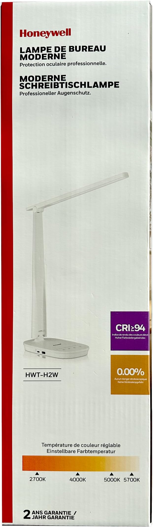 HONEYWELL LED Desk Lamp - HWT-H2 Sunturalux™ Eye-Caring Foldable Desk Light with USB A+C Dual Charging Port 4 Color Modes Dimmable Table Lamp for Home Office Bedroom Reading Study Work - White