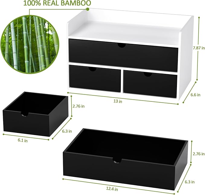 Wisuce Desk Organizer with Drawers - White-Black Bamboo Desktop Organizer Storage | Wood Desk Drawers Organizer for Bills, Office Supplies, Cosmetics, Seals No Assembled