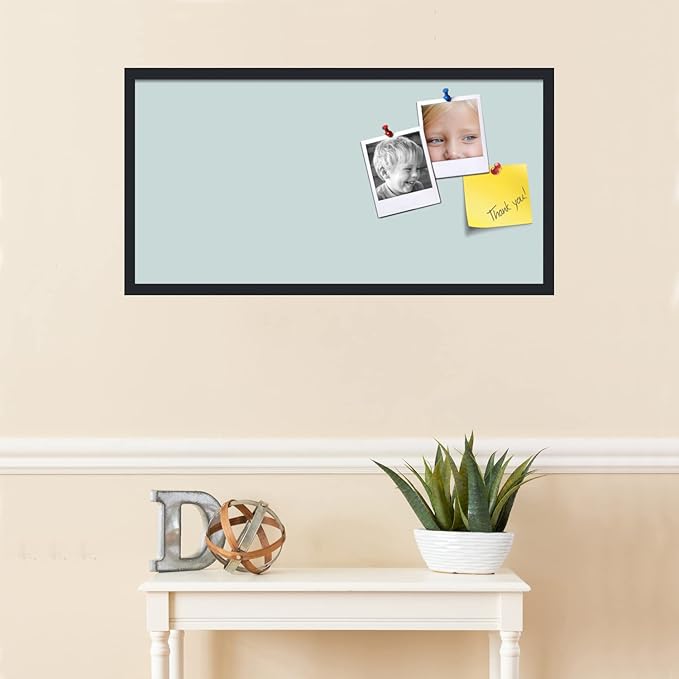 PinPix 36x18 Inch Cork Bulletin Board. This Decorative Framed Pin Board Comes with Soft Blue Design and a Satin Black Frame. Ideal for Home Office Decor or Message Board (PinPix-1814)