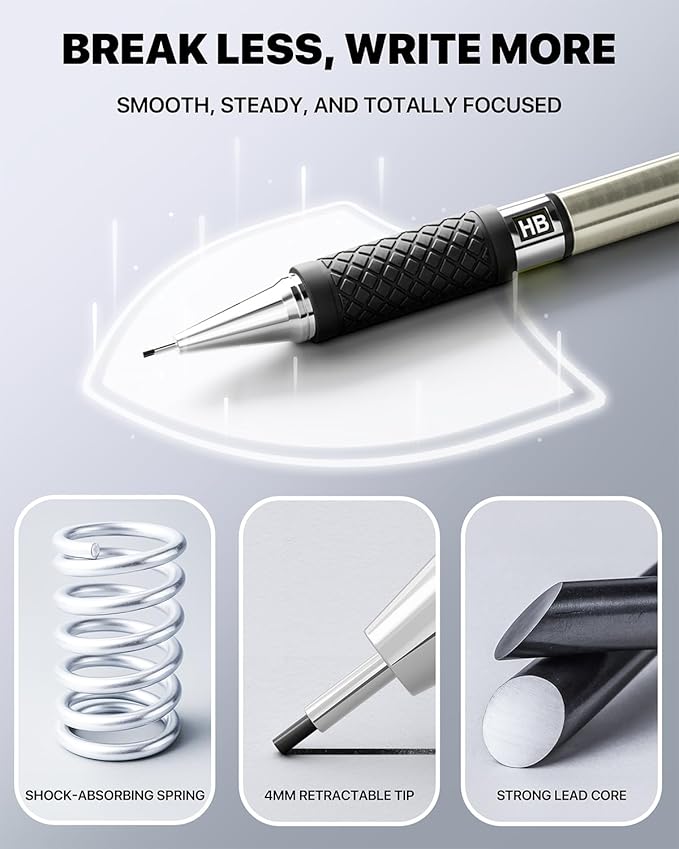 Four Candies Metal Mechanical Pencil Set - 6PCS 0.9mm Art Mechanical Pencils & 360PCS HB Lead Refills & 3PCS Erasers & 9PCS Eraser Refills, Drawing Mechanical Pencils for Writing, Sketching -With Case