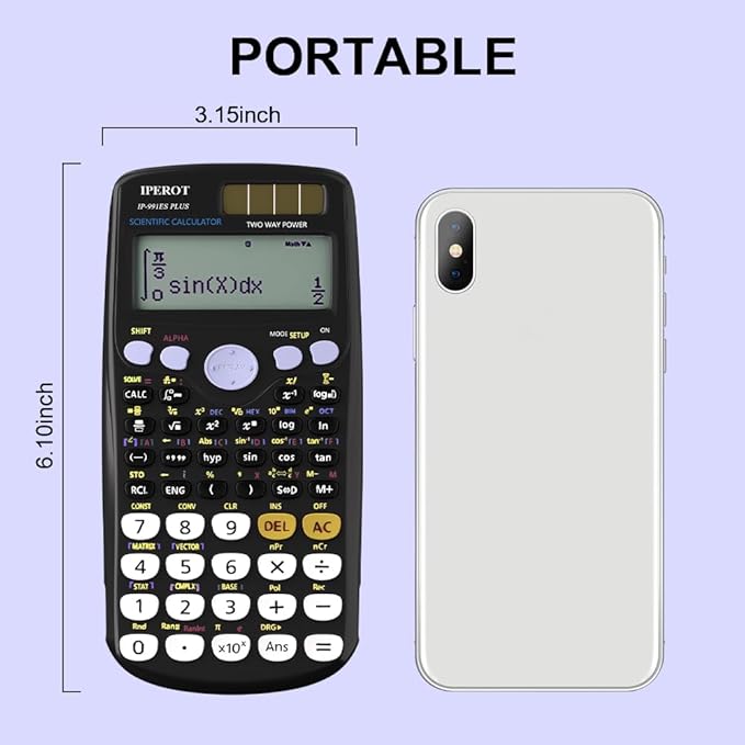 Scientific Calculators, IPEROT Black Math Calculator with 417 Function, Solar Battery Power and 4-Line Display, School Supplies for Middle High College Students Teachers (Black 991ES)