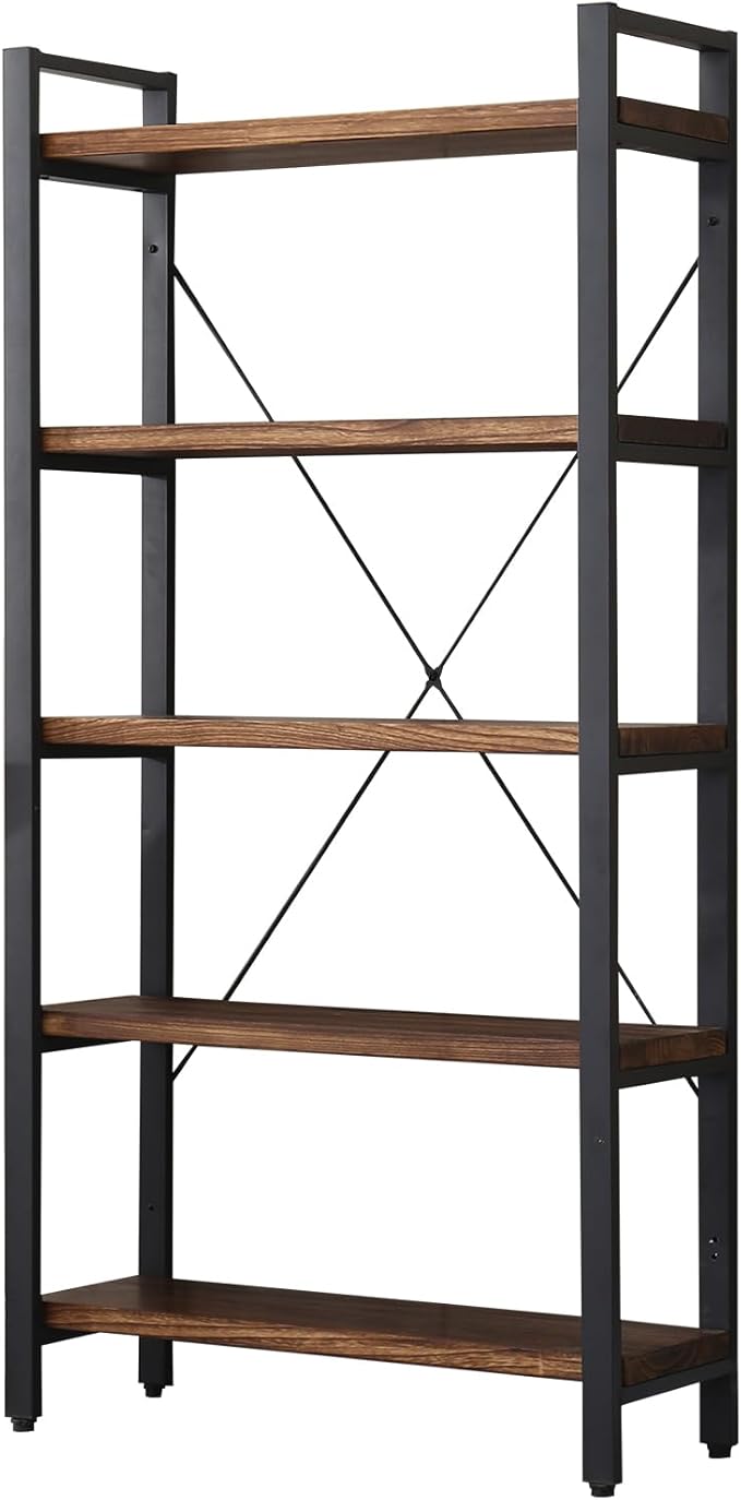 5 Tier Bookcase, Solid Wood Bookshelf Rustic Vintage Industrial Etagere Bookcase, Metal and Wood Free Vintage Bookshelf, Retro Brown (Real Wood) (5-Tiers)