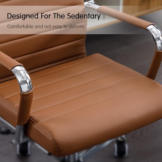 Home Office Chair Ribbed, Modern Leather Conference Room Chairs, High Back Executive Computer Chair, Ergonomic Office Desk Chair, Adjustable Swivel Chair with Arms (Brown)