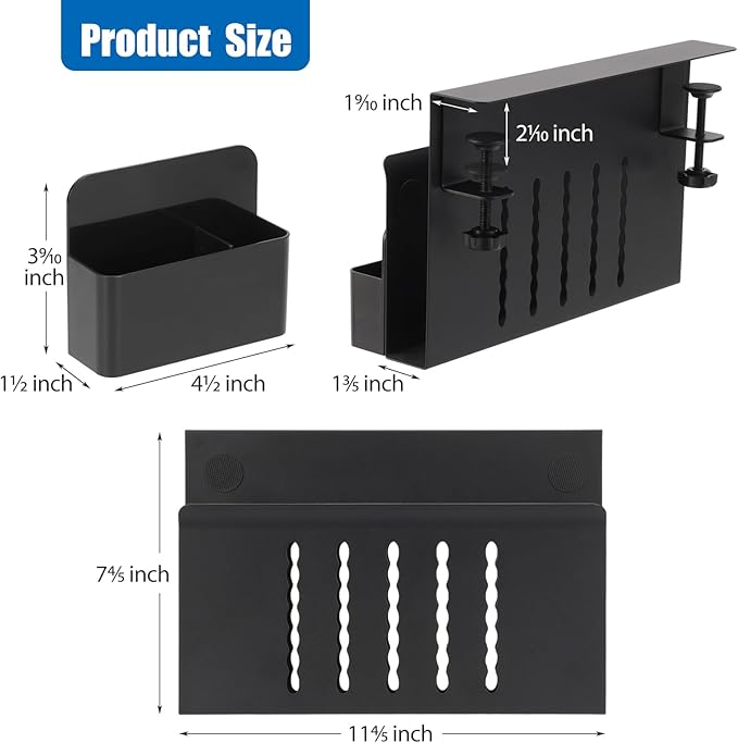 Desk Side Storage, Under Desk Laptop Mount, Table Side Hanging File Organizer, No Drill Clamp On Cable Management Tray, Laptop Holder with Magnetic Pen Holder for Office and Home(Black)