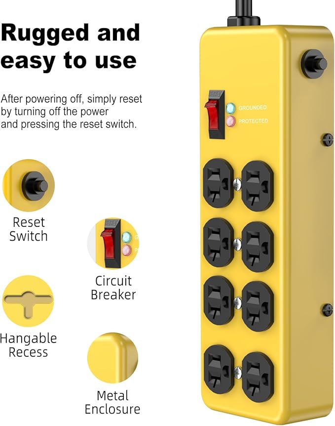 HEZI 20A Power Strip Surge Protector Durable Metal 8-Outlet with Heavy Duty 20 Amp Extension Cord,12 Gauge for Garage,Workshop & Industrial Use with 6-20R T-Slot Outlets,4800J(Yellow,6FT)