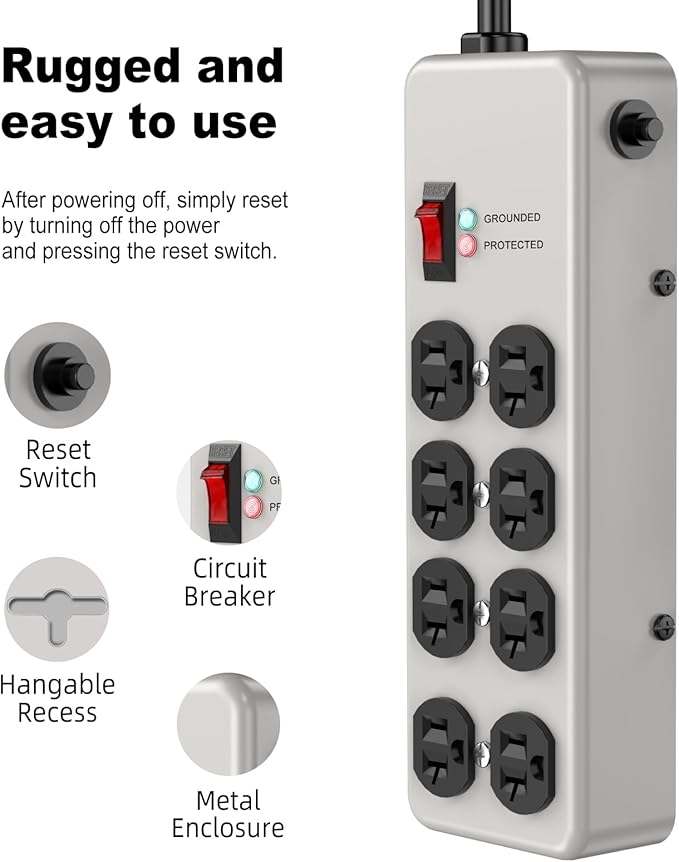 HEZI 20A Power Strip Surge Protector Durable Metal 8-Outlet with Heavy Duty 20 Amp Extension Cord,12 Gauge for Garage,Workshop & Industrial Use with 6-20R T-Slot Outlets,4800J(Grey,6FT)