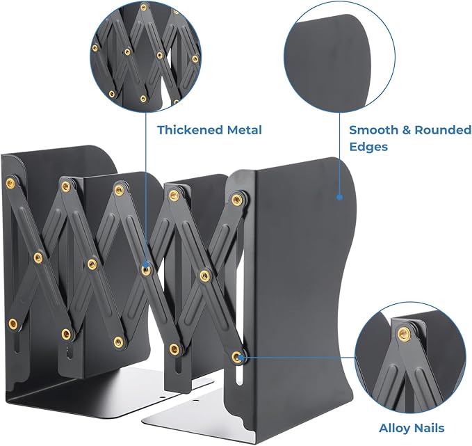 M&G Adjustable Bookends Book Ends for Shelves, Metal Bookend for Heavy Books, Desk Magazine File Organizer Holder Extends up to 20in, Book Stopper for Home, Office, Classroom (Black)