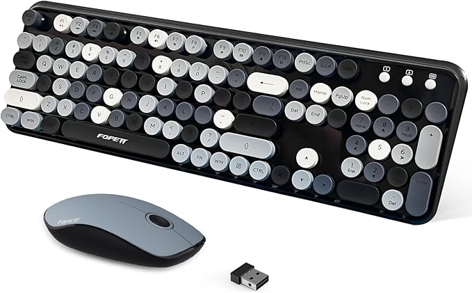 FOPETT 2.4GHz Wireless Keyboard and Mouse Set with Switch Button - Full-Size Keyboard - Compatible for Windows/Laptop/PC/Notebook/Smart TV and More - Grey Colorful