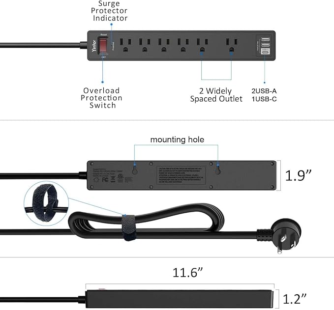 20Ft Power Strip Surge Protector - Yintar Extension Cord with 6 AC Outlets and 3 USB Ports for Home, Office, Dorm Essentials, 1680 Joules, ETL Listed, Black