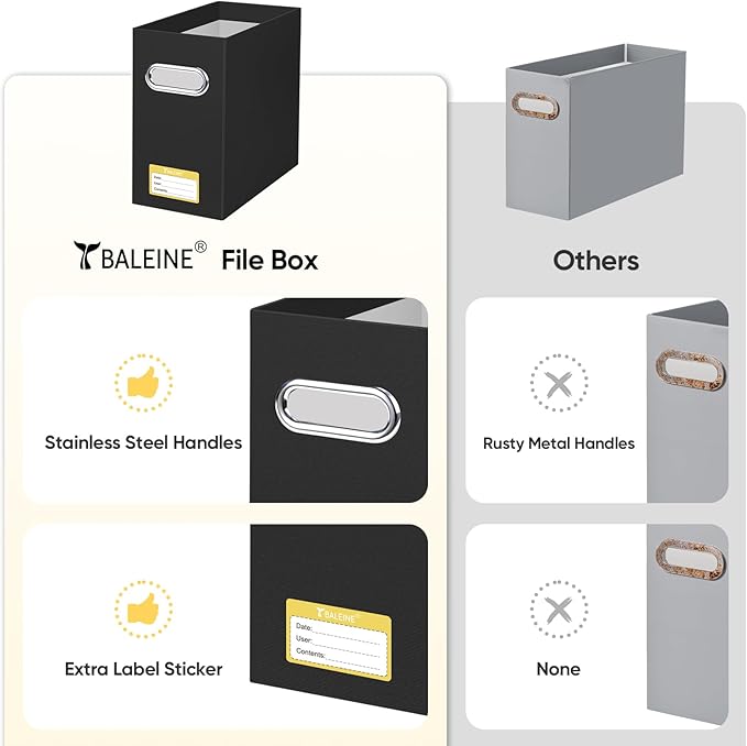 BALEINE File Organizer Box, Cardboard File Folder Organizer with Handle for Letter Size, Portable Collapsible Hanging Filing Box for Home Office Document Storage (2 Pack, Black)