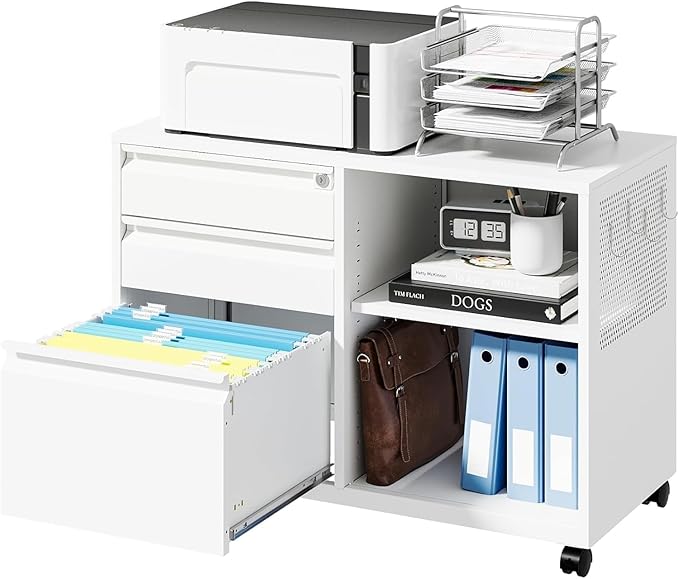 Letaya Mobile 3 Drawer File Cabinet with Lock-Metal Lateral Rolling Printer Stand Filing Cabinets for Home Office-Storage A4/F4/Letter (White)