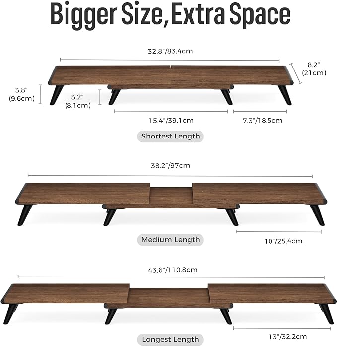 loukin Dual Monitor Stand Riser for Desk, 43.6"*8.2"*3.2" Large Computer Stand for 2 Monitors, Laptop, Printer, Length and Angle Adjustable Computer Shelf, Home Office,Max 43.6" Length(Brown)