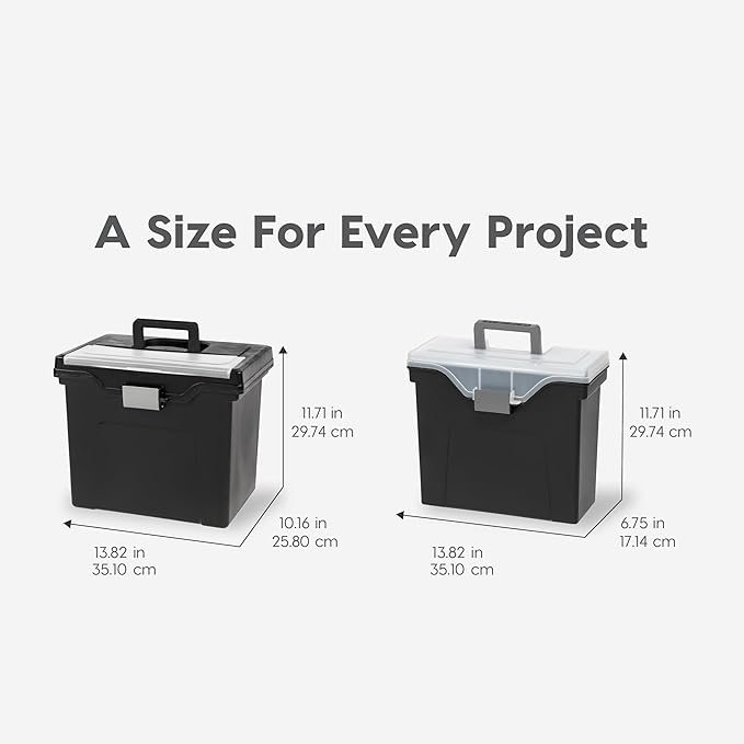 IRIS USA File Box with Lid File Organizer for Letter File w/ Organizer-Lid, Water Resistant Document Box, Plastic Mobile Filing Organizer, Secure Buckle, Portable Handle, Lockable, Black 4 Pack