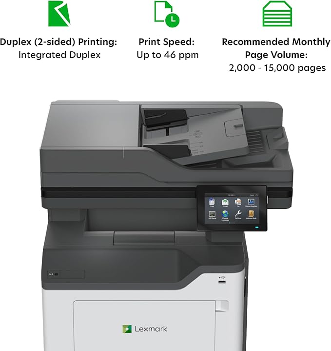 LEXMARK MX532adwe Monochrome Laser Printer, Integrated Duplex, Energy Star, 4.3-inch Color Touch Screen, Print Speed: Up to 46 ppm, Recommended Monthly Page Volume: 2,000-15,000 Pages(38S0820)