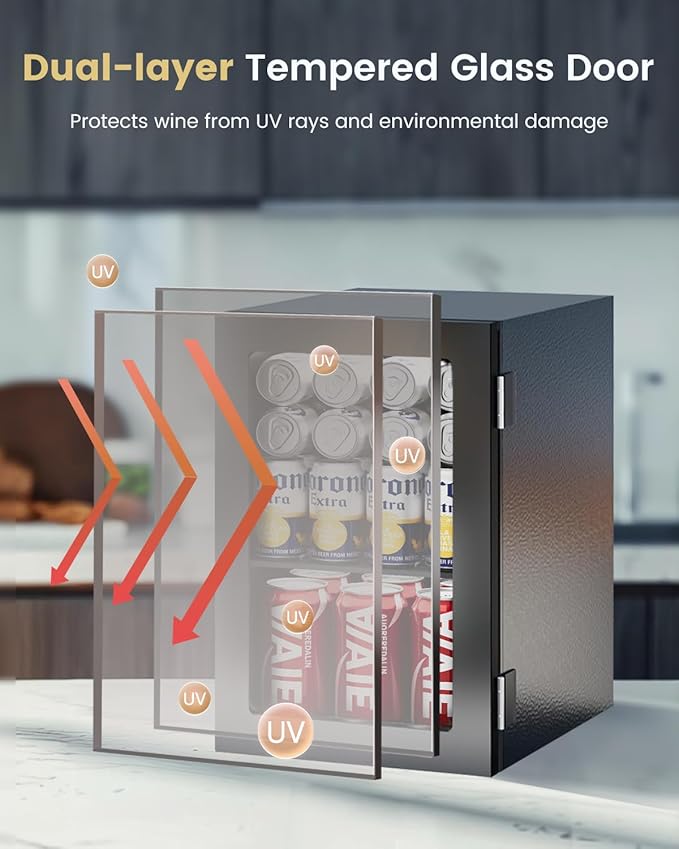 24 Cans Beverage Refrigerator Cooler - Mini Fridge with Glass Door, Soda Wine Beer Drink Fridge - Small Refrigerator for Office Home Bedroom Dorm Bar, Black