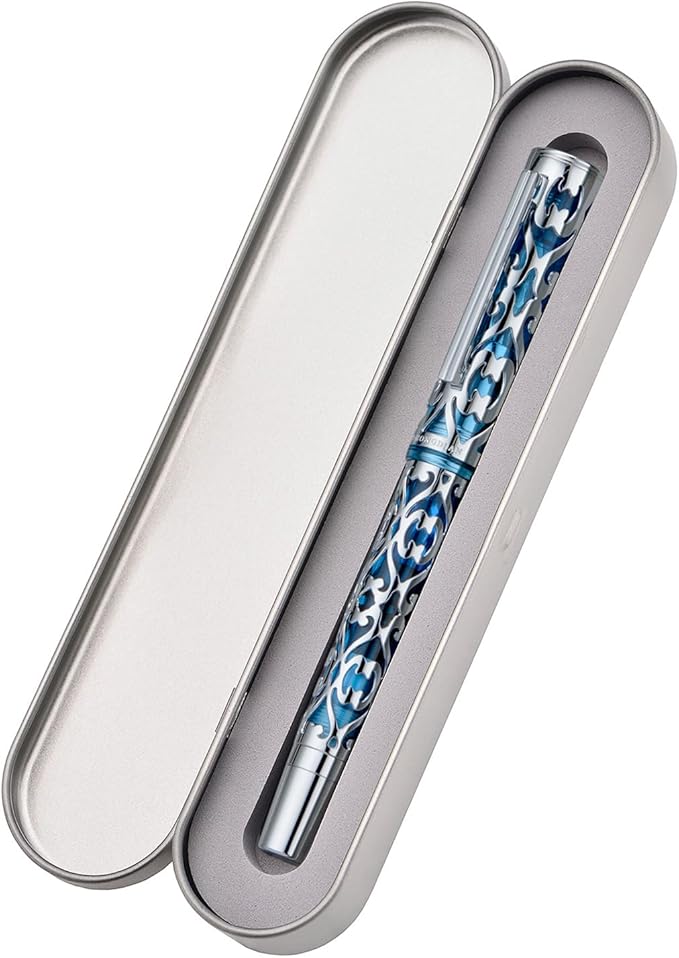 Hongdian D1 Piston Fountain Pen Fine Soft Nib, Silver Blue Hollow Skeleton & Resin Pen with Metal Case Set
