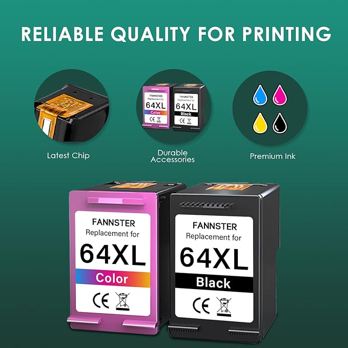 64XL Ink Cartridge for HP Ink 64 XL 64XL Black and Color Combo Pack High Yield Replacement for HP Printers 7858 7855 7120 7155 7158 7164 6255 6252 6232 Envy Inspire 7955e Tango X Printers Combo